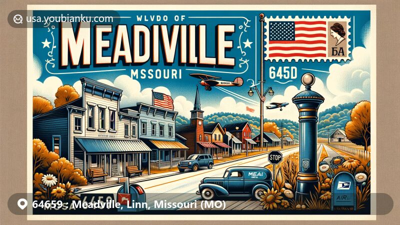 Colorful illustration of Meadville, Missouri, showcasing ZIP code 64659, featuring small-town charm and postal heritage with Missouri state flag, air mail envelope, vintage postage stamp, postal mailbox, and mail delivery truck.