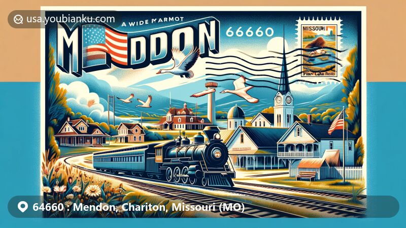 Modern illustration of Mendon, Missouri, featuring historic railroad influence, Swan Lake National Wildlife Refuge, and ZIP code 64660, integrating postal elements and Missouri state symbols.