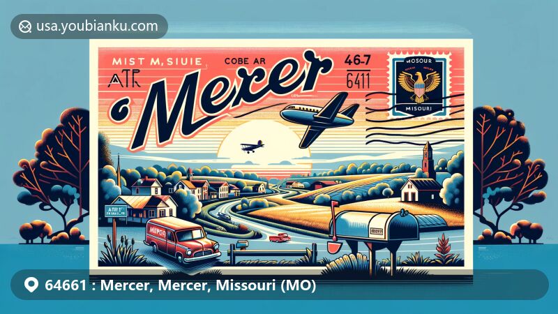 Modern illustration of Mercer, Missouri, representing ZIP code 64661, in vintage air mail envelope design, featuring classic American mailbox and stylized outline of Missouri.