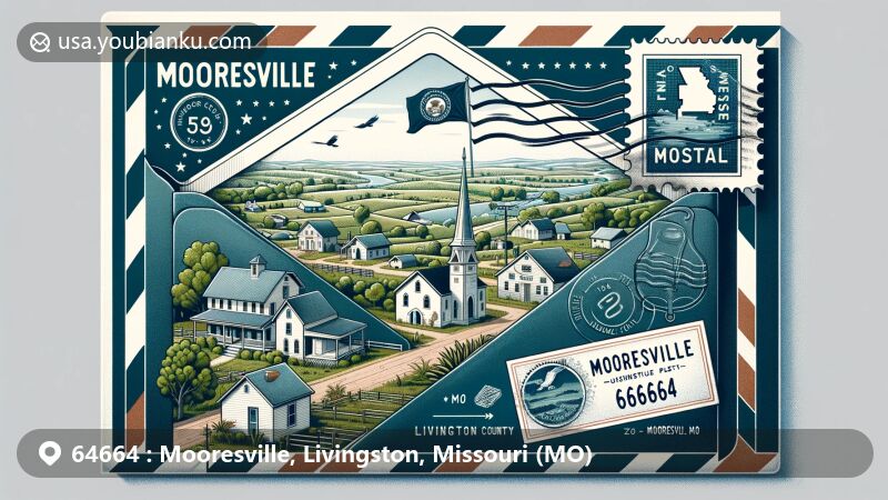 Modern illustration of Mooresville, Missouri, showcases rural charm and community spirit with Missouri state flag, Livingston County outline, and quaint village scene, featuring ZIP code 64664 and postal elements.