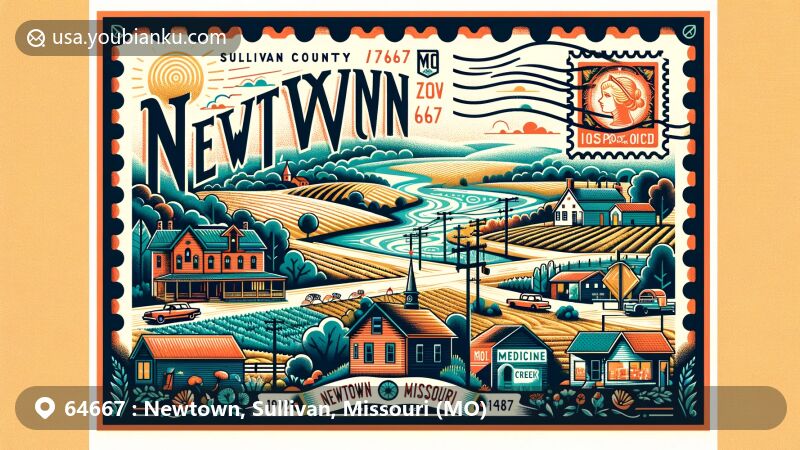 Modern illustration of Newtown, Sullivan County, Missouri, featuring postal theme with ZIP code 64667, showcasing local geography, Medicine Creek, historic post office, and vintage postcard design.
