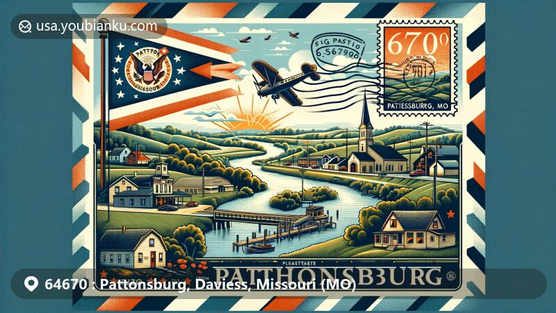 Modern illustration of Pattonsburg, Daviess County, Missouri, featuring ZIP code 64670, showcasing rural charm and small-town atmosphere with Big Creek, vintage air mail envelope, Missouri state flag stamp, and community gathering, symbolizing local heritage and inviting exploration.