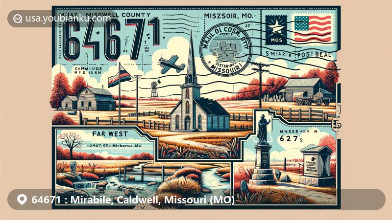 Modern illustration of Far West, Caldwell County, Missouri, showcasing historic Mormon site, Caldwell County geography, and rural landscape of Mirabile, with postal elements including vintage postcard, ZIP code 64671, Missouri state flag stamp, and Mirabile postmark.