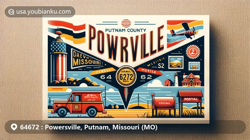 Modern illustration of Powersville, Putnam County, Missouri, showcasing a creative postal theme with ZIP code 64672, incorporating rural village charm, Missouri state elements, vintage stamps, postal truck, and red mailbox.