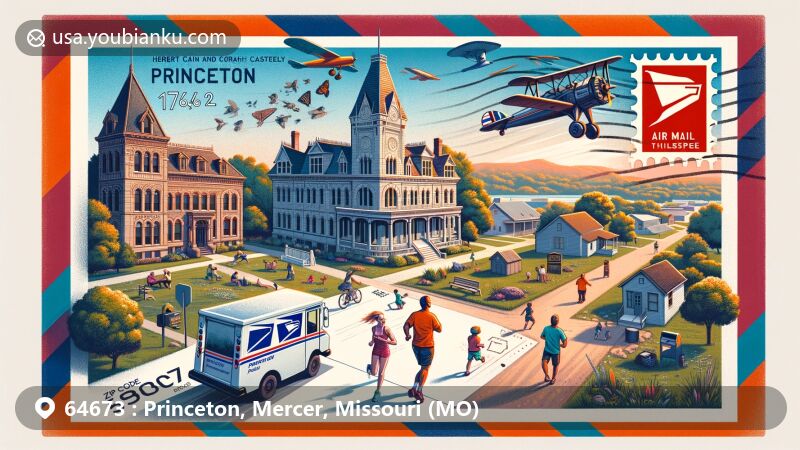 Modern illustration of Princeton, Missouri, blending historical landmarks with postal elements for ZIP code 64673, featuring Herbert Cain and Corah Brantley Casteel House, Leo Ellis Post No. 22, American Legion Building, postal stamp, postmark, mailbox, and mail delivery vehicle.