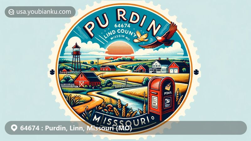 Modern illustration of Purdin, Missouri, highlighting postal heritage with ZIP code 64674, showcasing rural landscape and vintage postal elements.