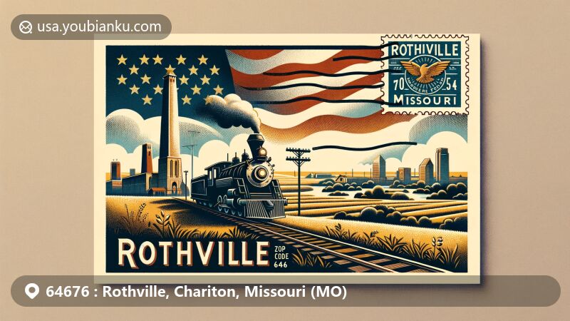 Modern illustration of Rothville, Chariton County, Missouri, featuring rural landscape, Atchison Topeka and Santa Fe Railroad silhouette, confluence of Yellow Creeks, and vintage postcard design with postal elements, highlighting ZIP code 64676.