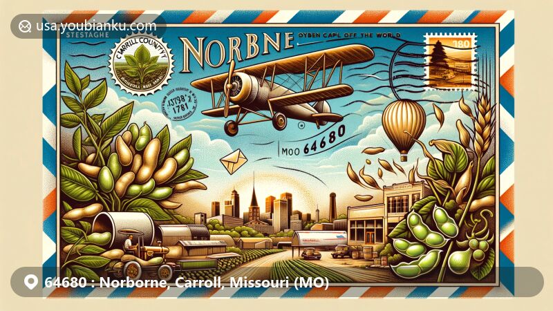 Modern illustration of Norborne, Carroll, Missouri, depicting the 'Soybean Capital of the World' theme with soybeans, festival motifs, and agricultural landscapes, set in a vintage air mail envelope showcasing Norborne's postal code 64680.