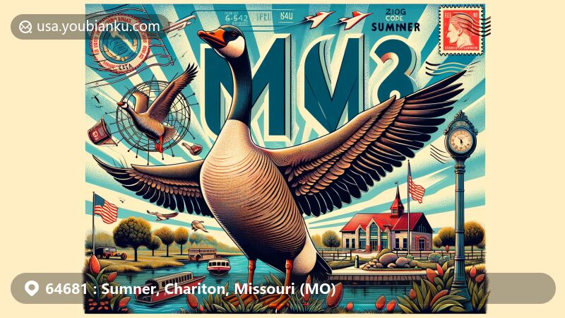 Modern illustration of Sumner, Missouri, showcasing 'Maxie', the world's largest goose statue, and Swan Lake National Wildlife Refuge, symbolizing the area's status as the 'Wild Goose Capital of the World' with ZIP code 64681, creatively framed in vintage air mail envelope design.