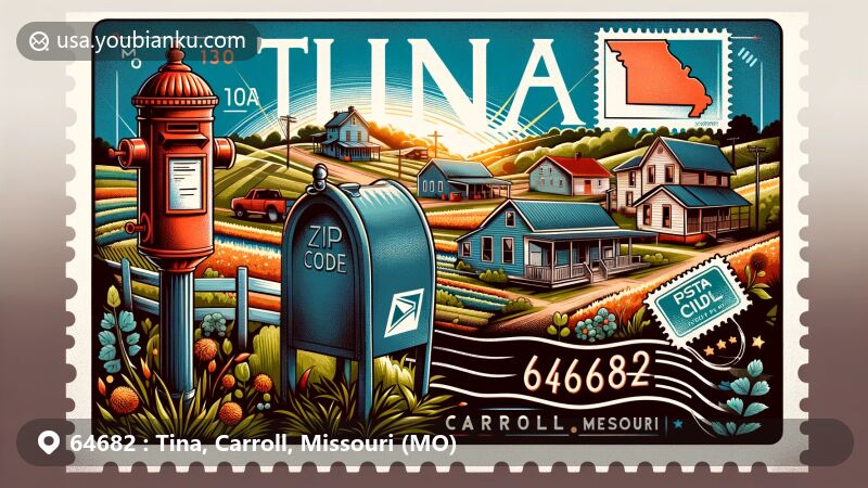 Modern illustration of Tina, Carroll, Missouri, in ZIP code 64682, designed as a postcard with rural American postal elements, emphasizing the serene environment and village ambiance.