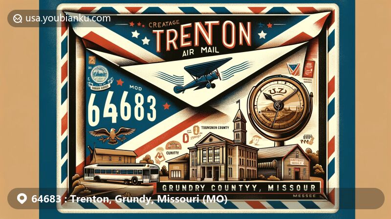 Modern illustration of Trenton, Grundy, Missouri, featuring vintage air mail envelope with ZIP code 64683, showcasing Grundy County Museum and North Central Missouri College symbols.