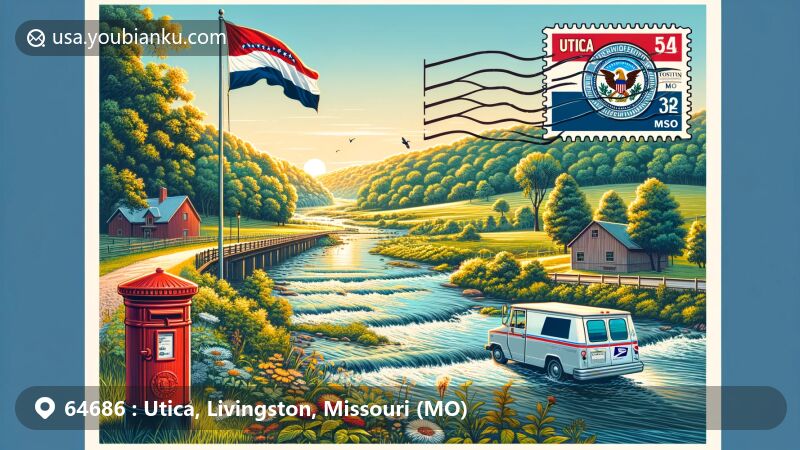 Modern illustration of Utica, Missouri, Livingston County, with a serene river flowing through lush forest and Missouri state flag, merging natural beauty with postal themes. Postcard corner displays '64686 Utica, MO' stamp and postmark over red mailbox and postal van.