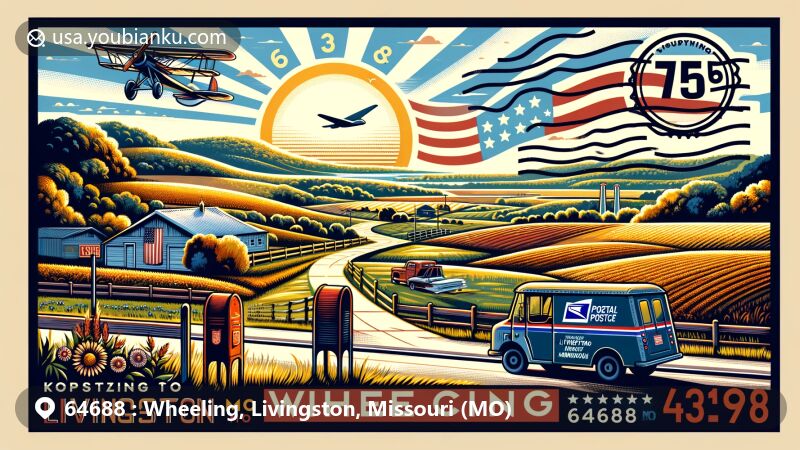 Modern illustration of Wheeling, Livingston County, Missouri, showcasing postal theme with ZIP code 64688, featuring rural landscape, local charm, and postal elements.
