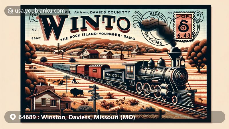 Modern illustration of Winston village in Daviess County, Missouri, designed as a postcard with ZIP code 64689, showcasing regional features and postal elements, symbolizing the area's railway history and the James-Younger Gang story.
