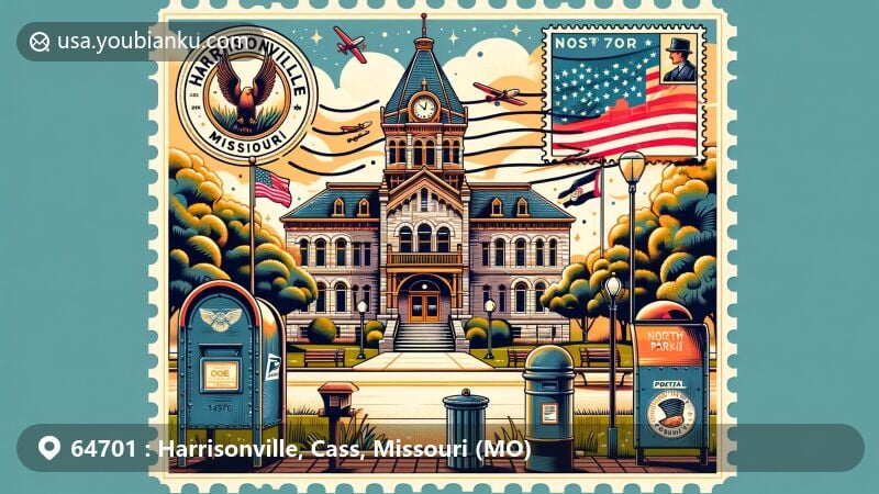 Modern illustration of Harrisonville, Missouri, highlighting postal theme with ZIP code 64701, featuring Old Historical Courthouse and North Park, incorporating postal elements like antique mailbox, stamped envelope, and vintage postage stamp with state flag.