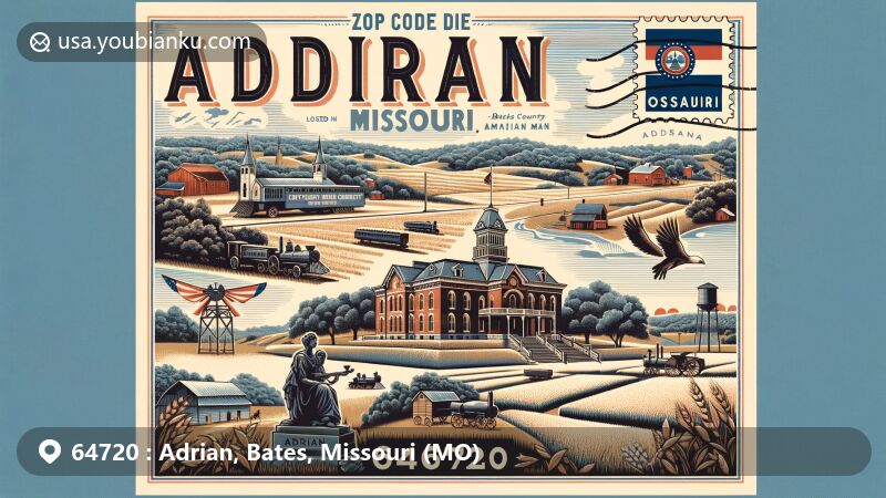 Vintage postcard-style illustration of Adrian, Bates County, Missouri, showcasing ZIP code 64720, highlighting historical and cultural landmarks.