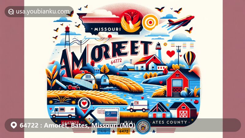Modern illustration of Amoret, Bates County, Missouri, reflecting the postal theme with ZIP code 64722, featuring rural landscape, Mulberry Creek, Marias des Cygnes River, airmail envelope, stamps, postmark, and area code 660.