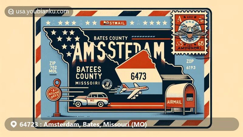 Creative illustration of Amsterdam, Bates County, Missouri, representing ZIP code 64723 with airmail theme, featuring Missouri state flag and Bates County outline, showcasing Amsterdam's postal significance.