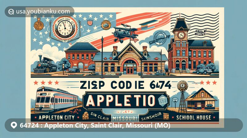 Modern illustration of Appleton City, Saint Clair, Missouri, featuring M.K.&T Depot, Appleton City Landmarks Restoration project, and Missouri state flag in a vintage postal theme with ZIP code 64724.