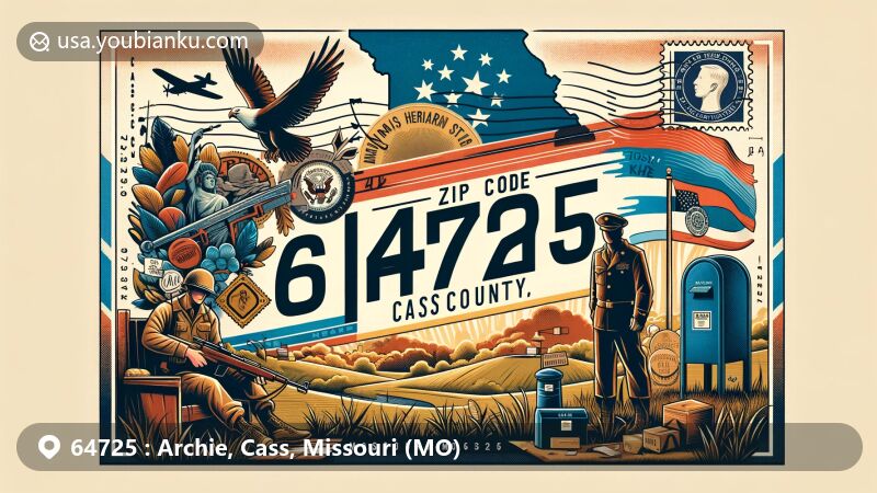 Modern illustration of Archie, Cass County, Missouri, inspired by ZIP code 64725, highlighting War Veterans Memorial and Missouri state symbols.