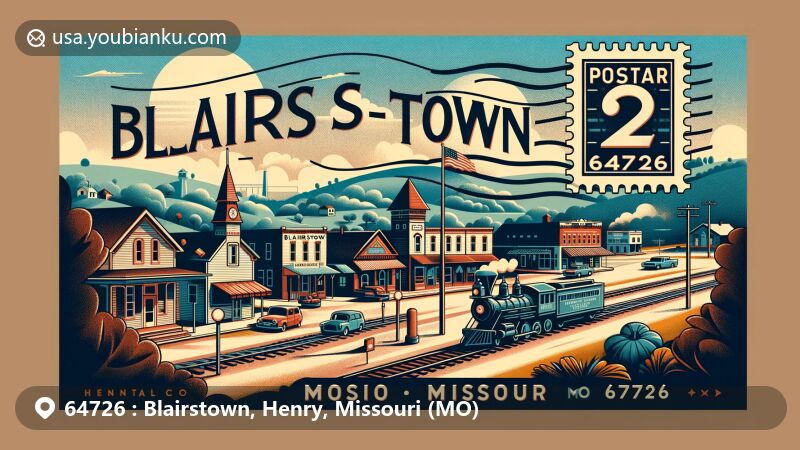 Modern illustration of Blairstown, Missouri, blending local and postal themes, with ZIP code 64726, showcasing village ambiance and rural character in Henry County.