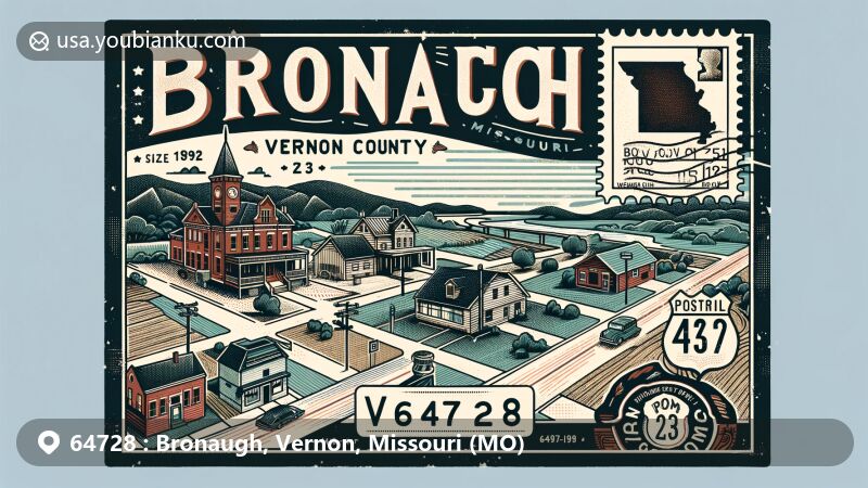 Modern illustration of Bronaugh, Vernon County, Missouri, featuring the local geography, Route 43, community atmosphere, postal elements with vintage postcard look and ZIP code 64728.