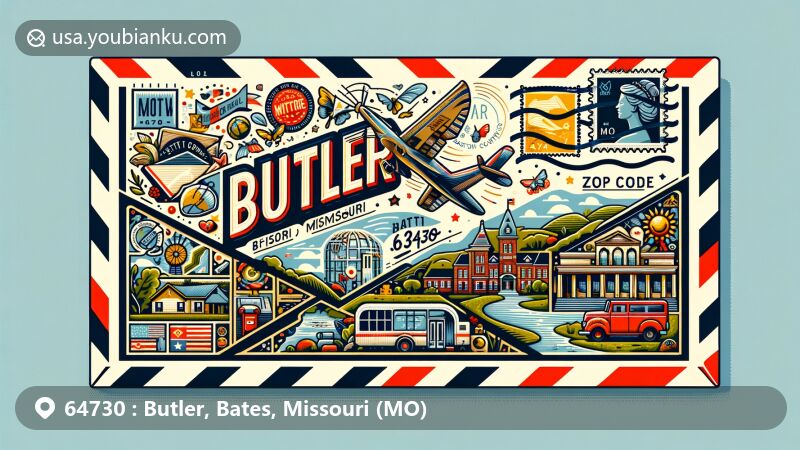 Modern illustration of Butler, Bates County, Missouri, showcasing postal theme with ZIP code 64730, featuring iconic symbols and landmarks of the region.