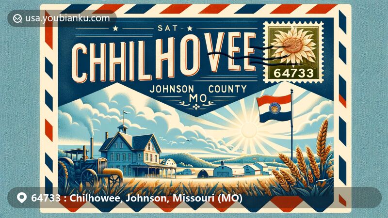 Modern illustration of Chilhowee, Johnson County, Missouri, featuring vintage airmail envelope, state flag, historic district, postal stamp with ZIP code 64733, and rural agriculture icons.