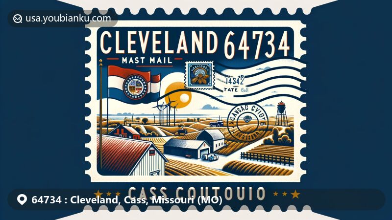 Modern illustration of Cleveland, Cass County, Missouri, featuring vintage air mail envelope design with Missouri state flag and local elements, showcasing ZIP code 64734.