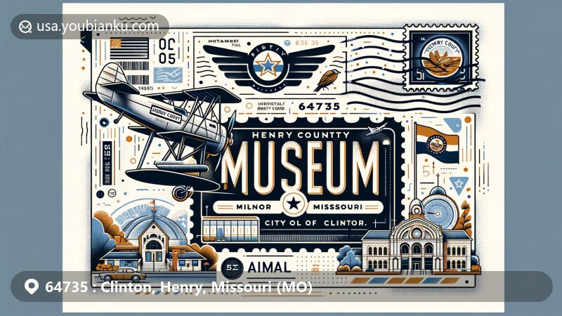 Modern illustration of Henry County Museum in Clinton, Missouri, with airmail envelope design and ZIP code 64735, incorporating postal elements and Missouri symbols.