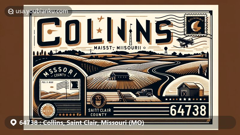 Modern illustration of Collins, Missouri, showcasing postal theme with ZIP code 64738, featuring Midwest landscape, Collins village essence, St. Clair County map, Missouri state symbols, retro stamps, and postal elements.