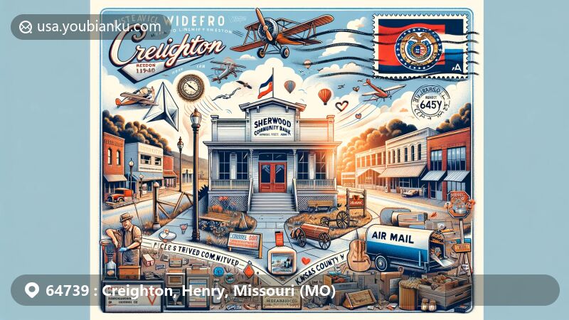 Modern illustration of Creighton, Missouri, showcasing postal theme with ZIP code 64739, featuring historic Sherwood Community Bank, Missouri state symbols, and local outdoor activities like fishing and hiking.
