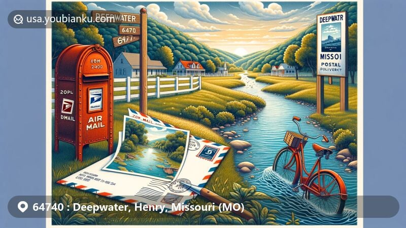 Modern illustration of Deepwater, Henry County, Missouri, showcasing natural beauty and postal theme with Deepwater Creek, vintage airmail envelope, postcard with town scenery, red mailbox, and retro postal delivery bicycle.