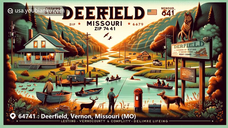 Modern illustration of Deerfield, Missouri, featuring outdoor activities like fishing, hunting, and camping, along with local stores, post office, and families enjoying the natural setting, set in the serene atmosphere of ZIP code 64741, Vernon County.