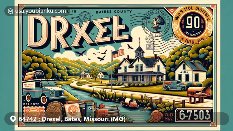 Modern illustration of Drexel, Bates County, Missouri, showcasing postal theme with ZIP code 64742, featuring iconic postal elements and symbols of Missouri state.