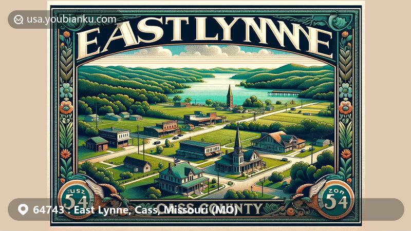 Modern illustration of East Lynne, Cass County, Missouri, showcasing the charm and community spirit of this small town with key landmarks such as Kircher Lake and the East Lynne Main Office Post Office, surrounded by lush green landscapes within the Kansas City metropolitan area.
