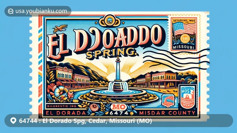 Contemporary postcard illustration of El Dorado Springs, Cedar County, Missouri, showcasing ZIP code 64744, featuring El Dorado Spring and Missouri state symbols.