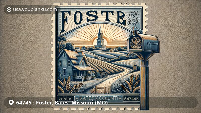 Modern illustration of Foster, Bates County, Missouri, showcasing vintage postal theme with ZIP code 64745, featuring Battle of Island Mound monument and Missouri state outline.