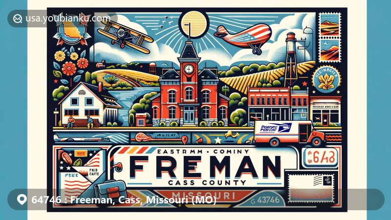 Modern illustration of Freeman, Cass County, Missouri, featuring ZIP code 64746, showcasing local charm, Cass County geography, Missouri symbols, and postal service elements.