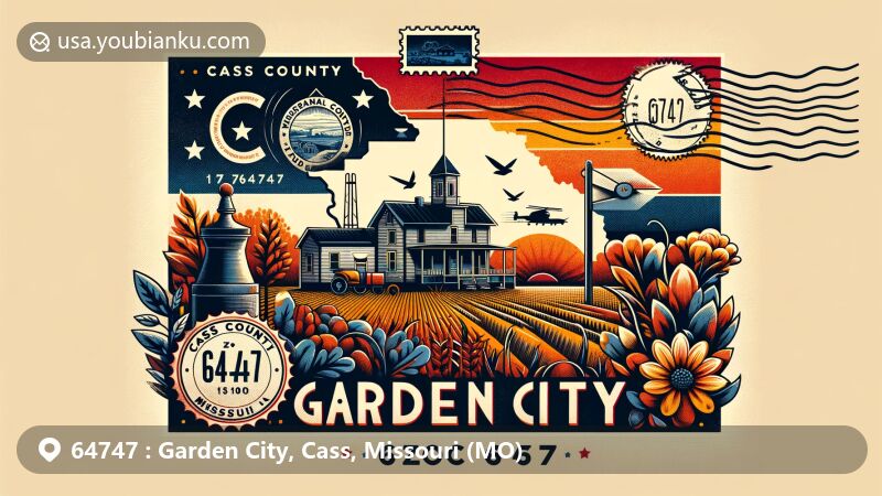 Illustration of Garden City, Missouri, highlighting ZIP code 64747, featuring O'Bannon Homestead, local flora, vintage postcard design, postage stamp, ink stamp, envelope edge, and Missouri state flag.