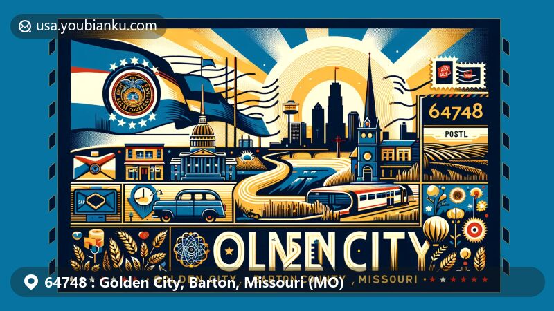 Modern illustration of Golden City, Barton County, Missouri, showcasing postal theme with ZIP code 64748, featuring Missouri state flag, county map silhouette, and Tall Grass Prairie.