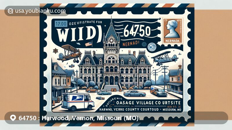Modern illustration of Harwood, Vernon, Missouri, showcasing postal theme with ZIP code 64750, featuring Osage Village State Historic Site, Vernon County Courthouse, and Nevada Downtown Historic District.