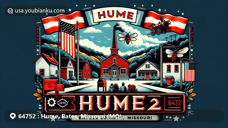 Modern illustration of Hume, Bates County, Missouri, combining small-town charm with postal elements, showcasing serene rural landscape and coal mining history, featuring Hume Hornets school colors, vintage postcard look with ZIP Code 64752, and classic American mailbox.