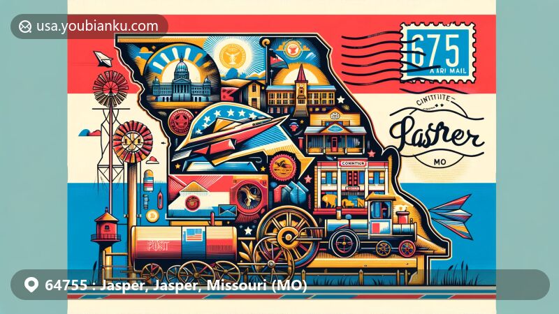 Creative illustration of ZIP code 64755 in Jasper, Missouri, showing a vibrant postal-themed design with Jasper County outline, Missouri state flag, and local landmarks, evoking community spirit and rustic charm.