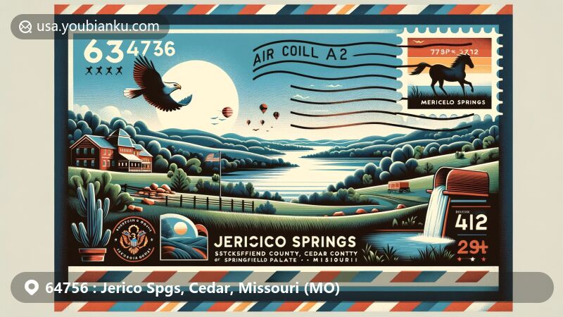 Modern illustration of Jerico Springs, Cedar County, Missouri, featuring stylized postal theme with Ozark landscape elements, vintage stamp with ZIP code 64756, and Missouri state flag.