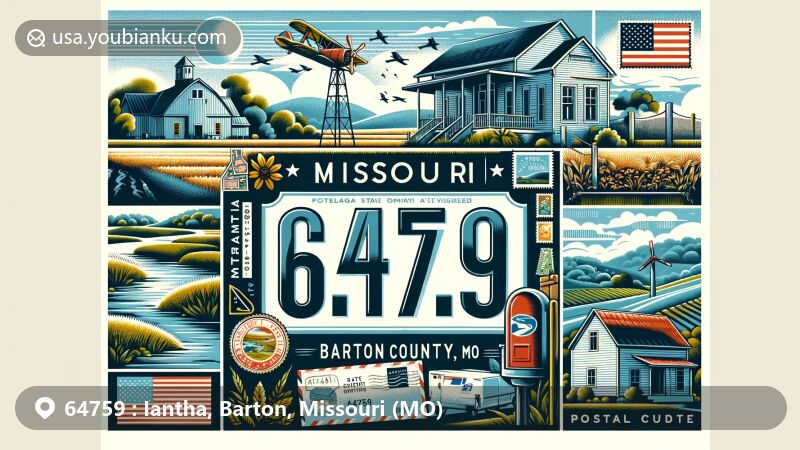 Modern illustration of Iantha, Barton County, Missouri, featuring ZIP code 64759 and vintage postal elements, showcasing pastoral scenery and Missouri state symbols.
