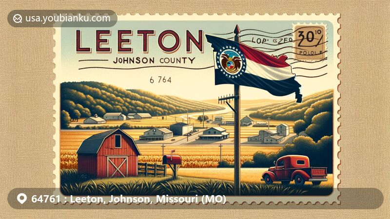 Modern illustration of Leeton, Johnson County, Missouri, highlighting vintage postcard theme with state flag, rural landscapes, and postal elements, embodying charm of ZIP Code 64761 area.