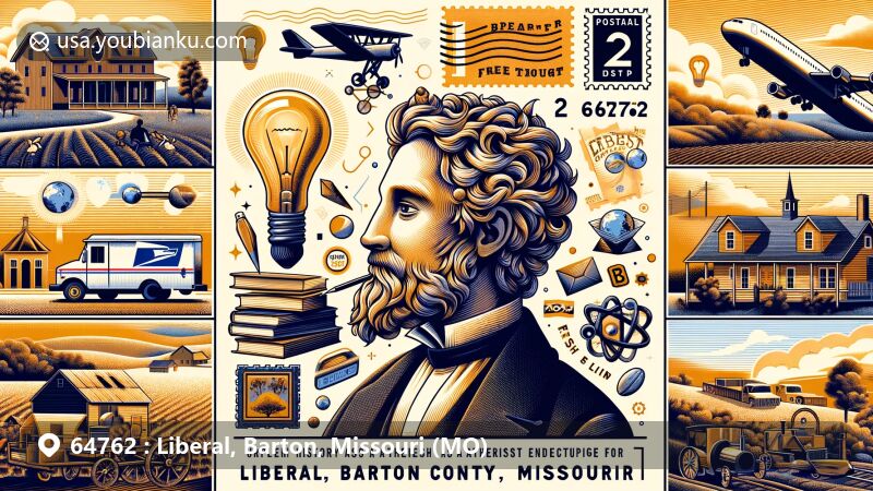 Modern illustration of Liberal, Barton County, Missouri, featuring unique history as an atheist utopia founded in 1880 by George Walser, incorporating freethinker community elements, postal theme with ZIP code 64762, and rural landscape of southwest Missouri.