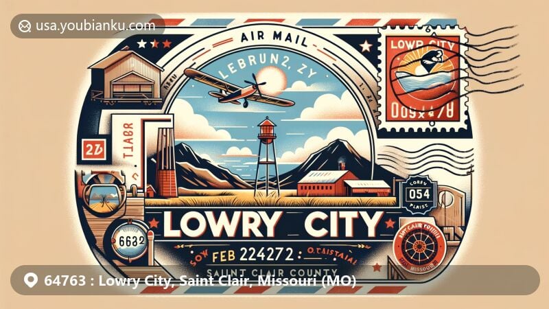 Modern illustration of Lowry City, Saint Clair County, Missouri, combining postal and regional features with a vintage air mail envelope background, featuring Ozark Mountains meeting the Great Plains, a map of Missouri with Lowry City marked, local stamp, postmark 'February 12, 2024', and ZIP code 64763.