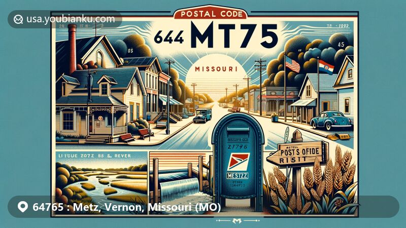 Modern illustration of Metz, Missouri, highlighting postal theme with ZIP code 64765, blending small-town charm, historical background, and natural beauty of Missouri.
